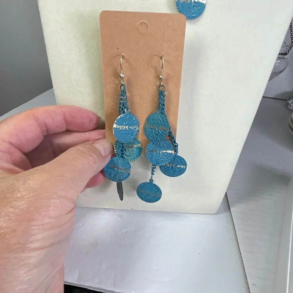 Boho 3 strand distressed metal coin necklace & long earrings